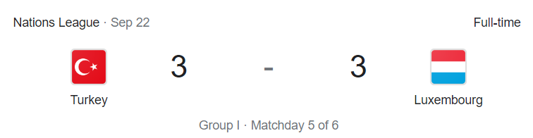 The image shows the final score of the match between the national team of Luxembourg and the national team of Turkey. The result of the match is 3-3.